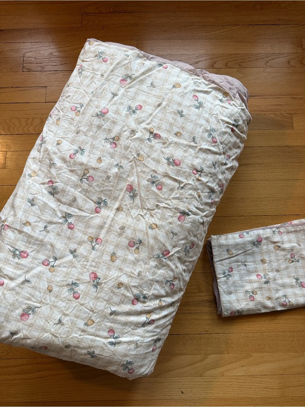 Floral Cotton Quilted Twin Comforter Set in Cream and Pink Strawberries